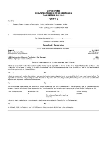 Thumbnail Agree Realty
 10-Q Quarterly Report FY 