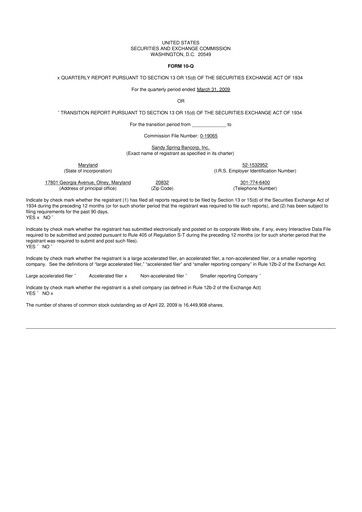 Miniature Sandy Spring Bank 10-Q Rapport trimestriel  