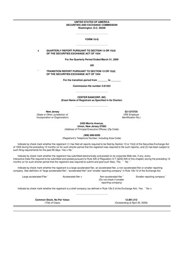 Thumbnail ConnectOne Bancorp 10-Q Quarterly Report FY 