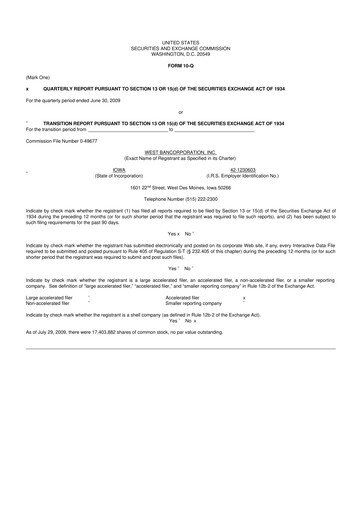 Thumbnail West Bancorporation 10-Q Quarterly Report FY 
