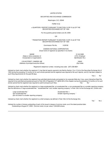 Thumbnail Camden National Corporation
 10-Q Quarterly Report FY 