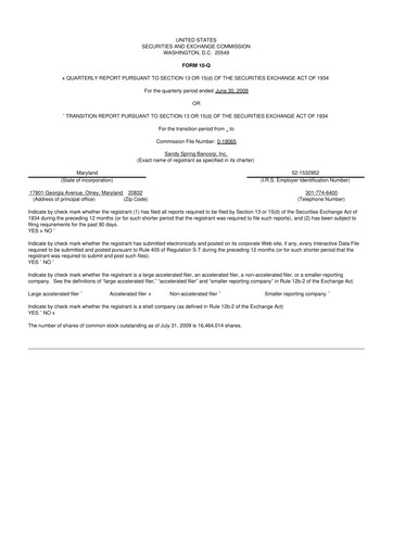 Miniature Sandy Spring Bank 10-Q Rapport trimestriel  