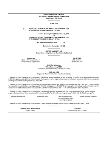 Thumbnail ConnectOne Bancorp 10-Q Quarterly Report FY 