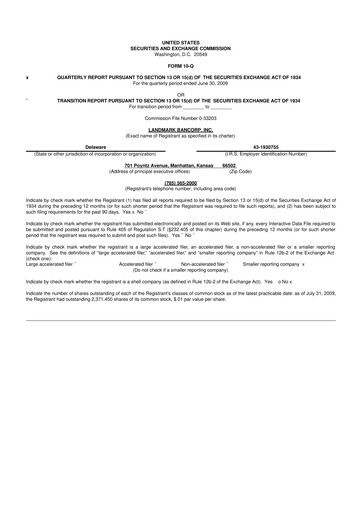 Thumbnail Landmark Bancorp 10-Q Quarterly Report FY 