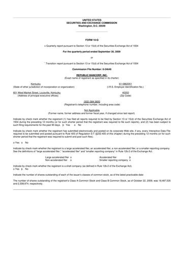 Thumbnail Republic Bank 10-Q Quarterly Report FY 