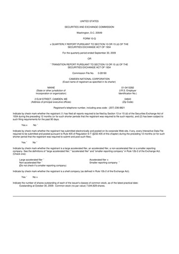 Thumbnail Camden National Corporation
 10-Q Quarterly Report FY 