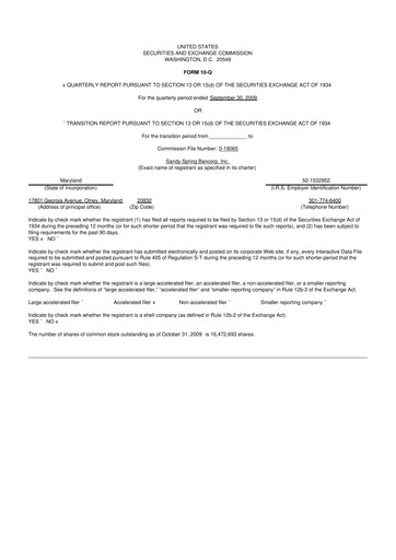 Miniature Sandy Spring Bank 10-Q Rapport trimestriel  