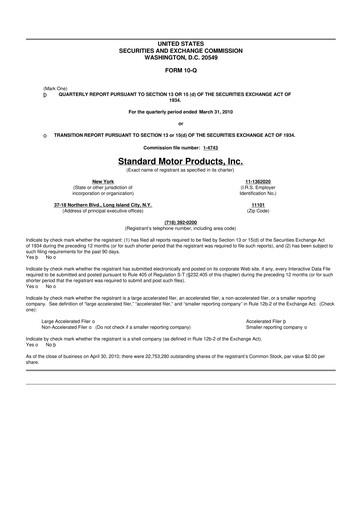 Thumbnail Standard Motor Products 10-Q Quarterly Report FY 