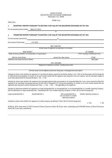 Miniature Bel Fuse 10-Q Rapport trimestriel  