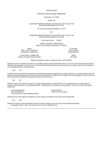 Thumbnail Camden National Corporation
 10-Q Quarterly Report FY 