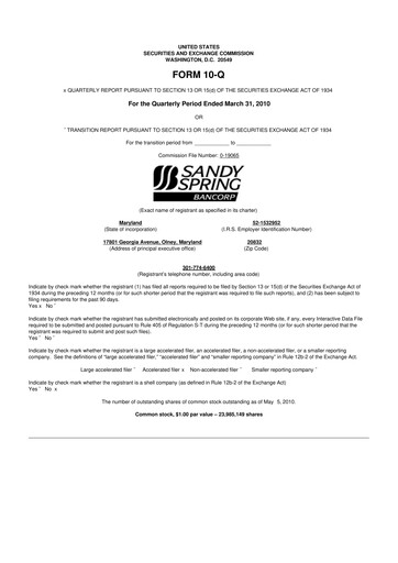 Miniature Sandy Spring Bank 10-Q Rapport trimestriel  