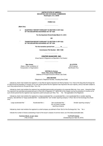 Thumbnail ConnectOne Bancorp 10-Q Quarterly Report FY 