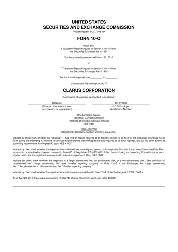 Thumbnail Clarus
 10-Q Quarterly Report FY 