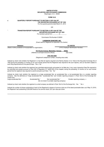 Thumbnail Landmark Bancorp 10-Q Quarterly Report FY 