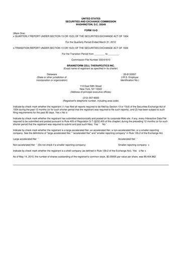 Vorschaubild BrainStorm Cell Therapeutics 10-Q Quartalsbericht  