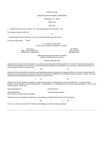 Thumbnail J&J Snack Foods
 10-Q Quarterly Report FY 