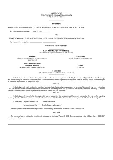 Thumbnail Cass Information Systems 10-Q Quarterly Report FY 