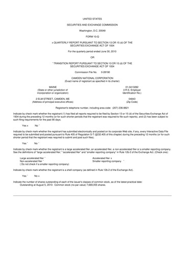 Thumbnail Camden National Corporation
 10-Q Quarterly Report FY 