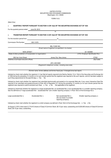 Miniature Bel Fuse 10-Q Rapport trimestriel  