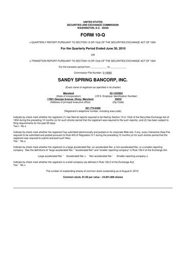 Miniature Sandy Spring Bank 10-Q Rapport trimestriel  