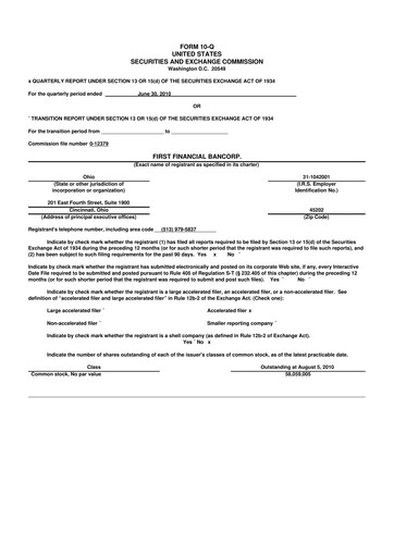 Thumbnail First Financial Bank
 10-Q Quarterly Report FY 
