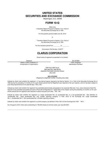 Thumbnail Clarus
 10-Q Quarterly Report FY 