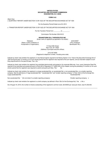 Vorschaubild BrainStorm Cell Therapeutics 10-Q Quartalsbericht  