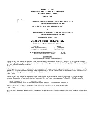 Thumbnail Standard Motor Products 10-Q Quarterly Report FY 