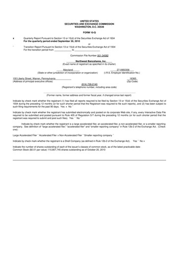 Thumbnail Northwest Bancshares
 10-Q Quarterly Report FY 