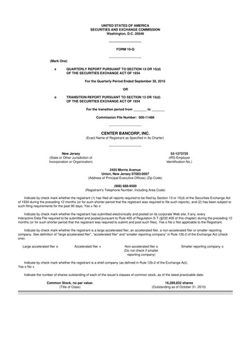 Thumbnail ConnectOne Bancorp 10-Q Quarterly Report FY 