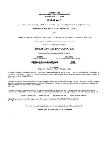 Miniature Sandy Spring Bank 10-Q Rapport trimestriel  