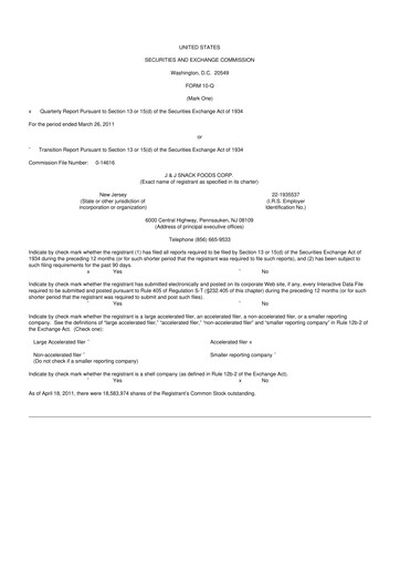 Thumbnail J&J Snack Foods
 10-Q Quarterly Report FY 
