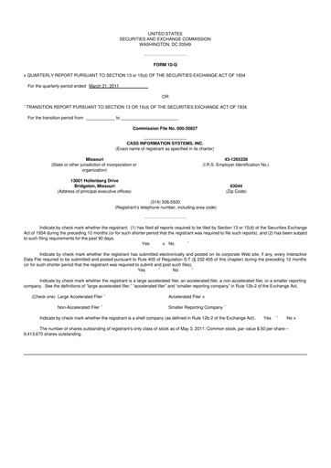 Thumbnail Cass Information Systems 10-Q Quarterly Report FY 