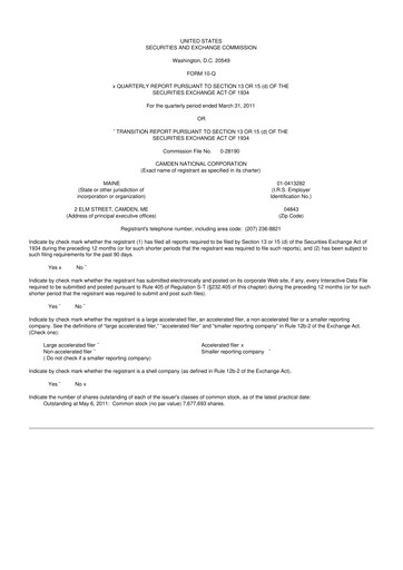 Thumbnail Camden National Corporation
 10-Q Quarterly Report FY 