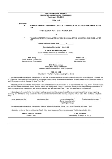 Thumbnail ConnectOne Bancorp 10-Q Quarterly Report FY 