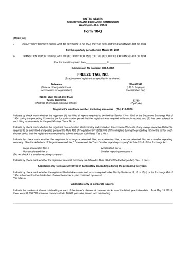 Thumbnail Freeze Tag 10-Q Quarterly Report FY 