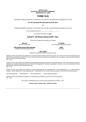 Miniature Sandy Spring Bank 10-Q Rapport trimestriel 2011 