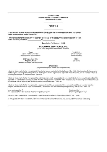 Vorschaubild Benchmark Electronics
 10-Q Quartalsbericht 2011 