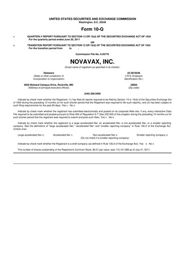 Thumbnail Novavax 10-Q Quarterly Report FY2011 
