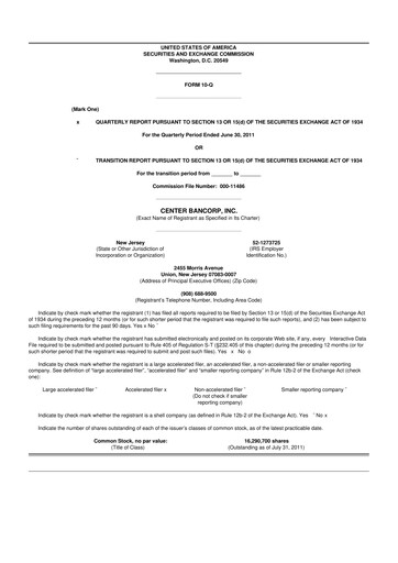 Thumbnail ConnectOne Bancorp 10-Q Quarterly Report FY2011 