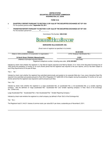 Thumbnail Berkshire Hills Bancorp 10-Q Quarterly Report FY2011 