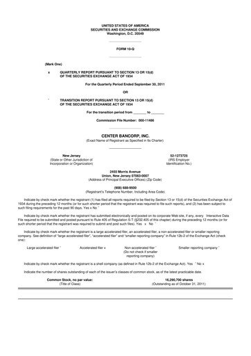 Thumbnail ConnectOne Bancorp 10-Q Quarterly Report FY2011 