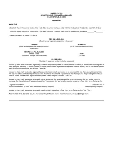 Miniature Zion Oil & Gas 10-Q Rapport trimestriel 2012 