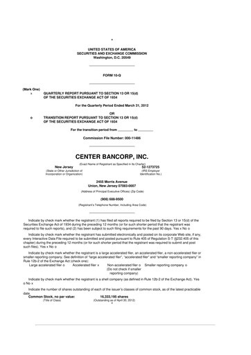 Thumbnail ConnectOne Bancorp 10-Q Quarterly Report FY2012 