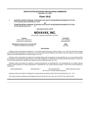 Thumbnail Novavax 10-Q Quarterly Report FY2012 