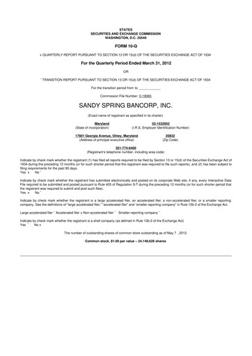 Miniature Sandy Spring Bank 10-Q Rapport trimestriel 2012 