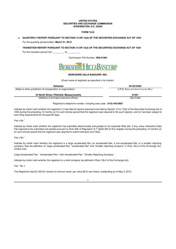 Thumbnail Berkshire Hills Bancorp 10-Q Quarterly Report FY2012 