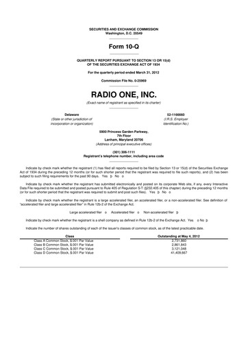 Miniature Urban One
 10-Q Rapport trimestriel 2012 