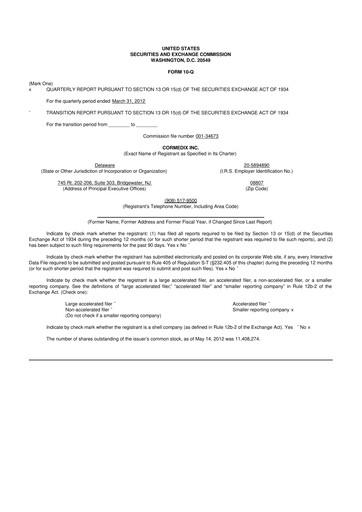 Thumbnail CorMedix 10-Q Quarterly Report FY2012 