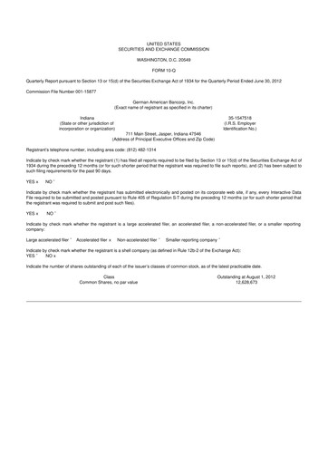 Thumbnail German American Bancorp 10-Q Quarterly Report FY2012 